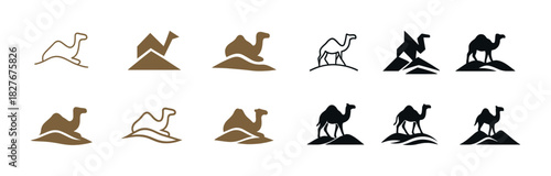 Set of camel silhouettes and icons in various styles and colors