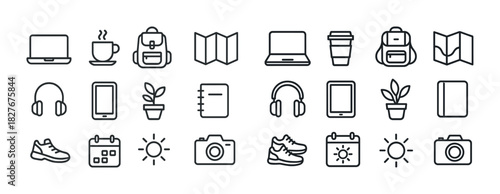 Minimalist icon set: technology, travel, nature, and daily essentials