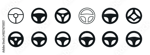Set of twelve steering wheel icons in black and white