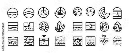 Minimalist geological icons set illustrating layers and earth forms