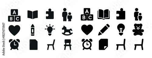 Educational toys and learning icons collection: blocks, books, and puzzles