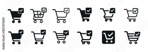 Shopping cart icons with checkmarks in various designs