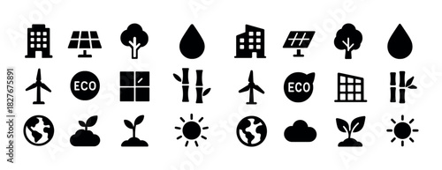 Eco-friendly icons set: solar panels, wind turbines, trees, earth, energy