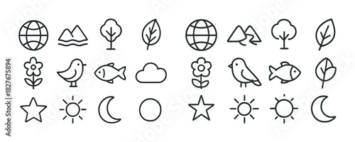Outline icon set of nature elements including trees and animals