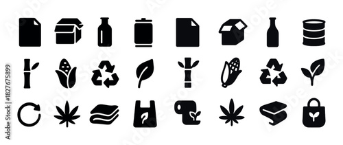 Eco-friendly icons set: recycling, leaf, bamboo, corn, cannabis, paper, bag, bottle