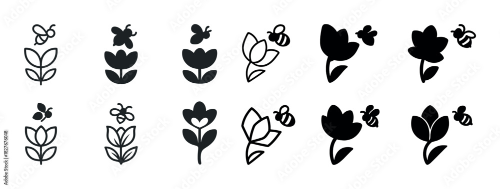 Fototapeta premium Collection of floral and bee icons in various artistic styles