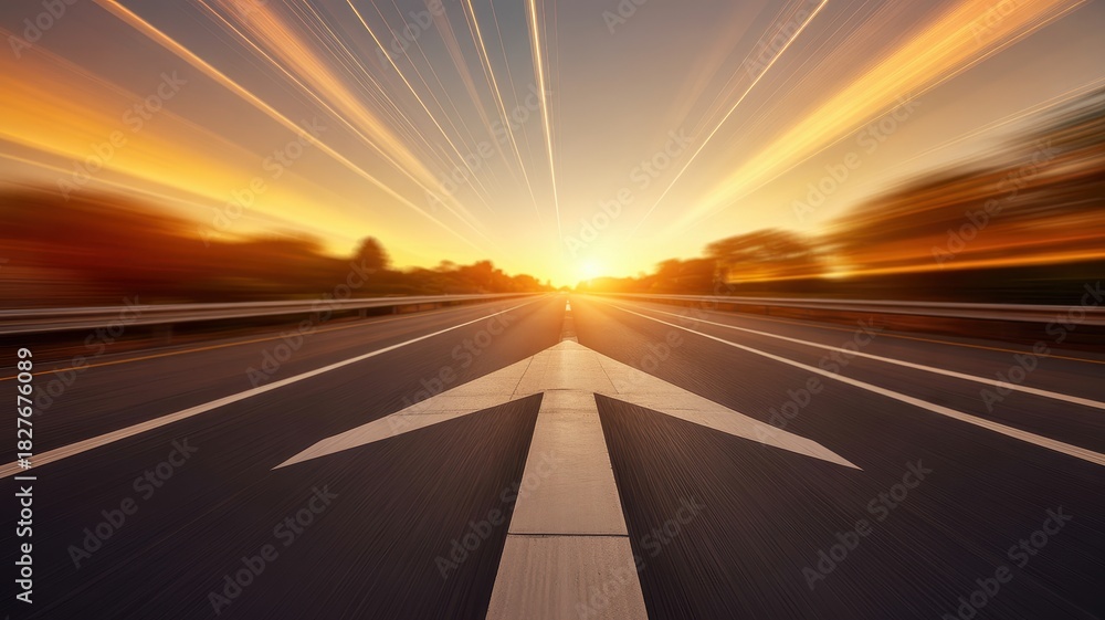 Fototapeta premium Forward arrow on asphalt highway with speed blur, bright sunset