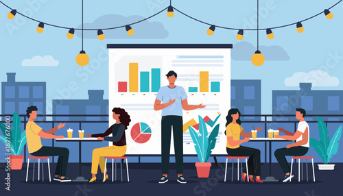 Business Presentation on Rooftop Data, Graphs, and People Discussing Ideas in a Casual Setting