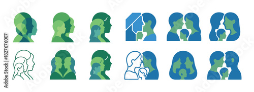 Abstract family icon set featuring diverse profiles in green and blue tones