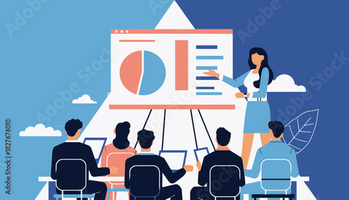 Business presentation Team members in a conference room discussing data, charts and graphs