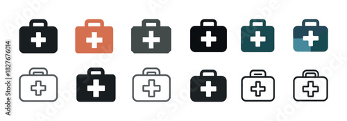 Variety of first aid kit icons in different styles and colors