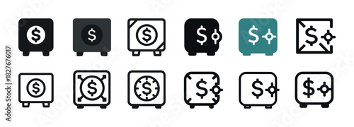 Diverse icon set of money safes in various styles and colors