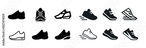 Set of various sneaker icons in outline and solid styles