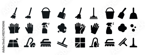 Cleaning tools icons: broom, bucket, mop, gloves, vacuum, spray bottle, floor cleaner