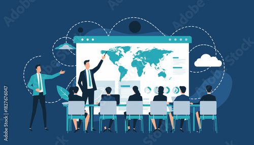 Business Presentation Global Strategy Meeting with World Map Projection for Team