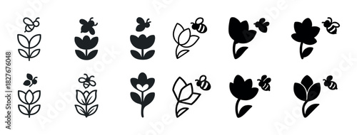 Collection of floral and bee icons in various artistic styles