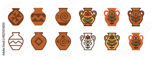 Collection of decorative clay vases with geometric and floral patterns