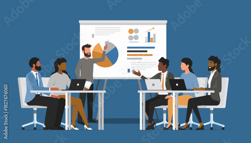 Business Presentation Meeting with Diverse Team Discussing Charts and Graphs