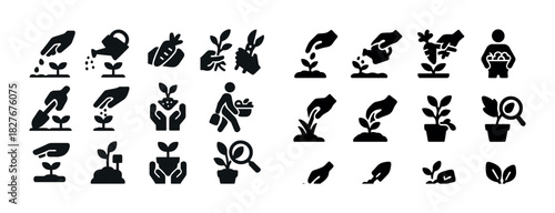 Icon set of gardening symbols with plant care and harvesting themes
