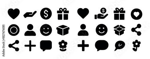 Collection of black icon set with heart gift smiley share symbols
