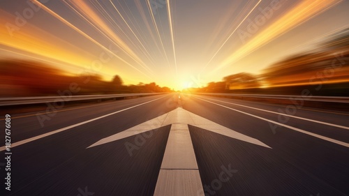 Forward arrow on asphalt highway with speed blur, bright sunset