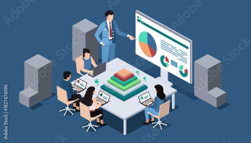 Manager giving a business presentation to colleagues with charts and data visualization