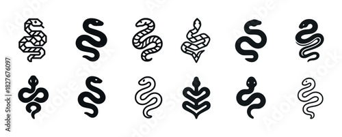 Collection of black snake icon silhouettes in various artistic styles on white background