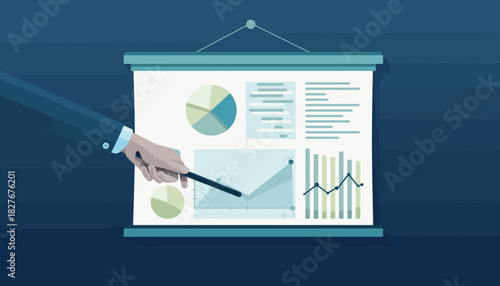 Analyzing financial data and statistics on a projector screen for a business presentation