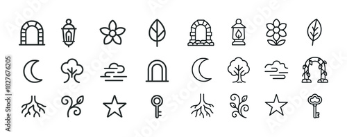 Minimalist nature and architecture icon set with trees and leaves