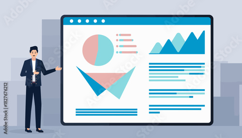 Business presentation with analytics charts and graphs on screen, strategy