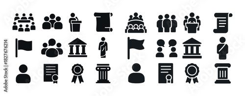 Set of government and legal icons including people, buildings, documents, and flags