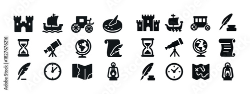 Medieval icons: castles, ships, and quills in silhouette design