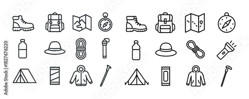 Essential hiking icons: boots, backpack, map, compass, tent, gear outlines for adventure enthusiasts