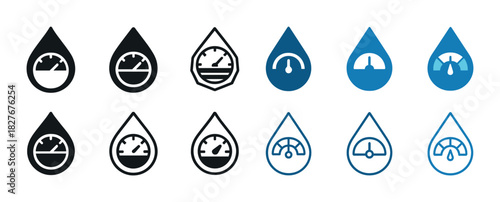 Set of water droplet gauge icons representing measurement and efficiency