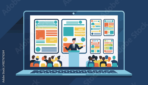 Business presentation, speaker on screen, audience in an online conference