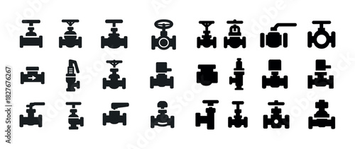 Collection of diverse industrial valve silhouettes in black and white