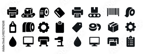 Icon set of office supplies and equipment silhouettes