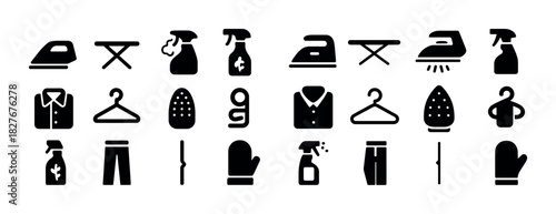 Laundry icons: iron, hanger, spray bottle, shirt, pants, ironing board