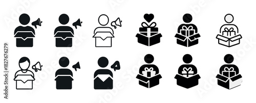 Diverse icon set of people opening boxes with gifts and announcements