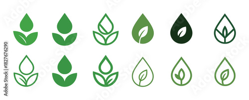 Variety of green plant leaf icons in droplet shapes
