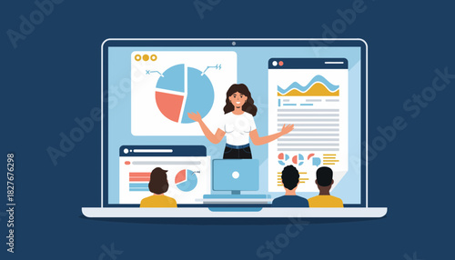 Online business presentation with charts and graphs, illustrating a successful training session