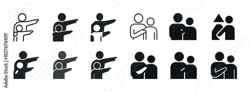 Vector icons of people interacting: pointing and embracing silhouettes