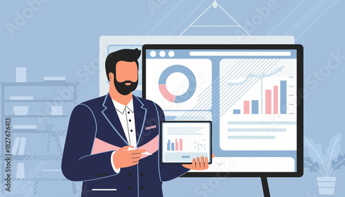 Professional businessman delivering an insightful presentation on key business analytics and market trends