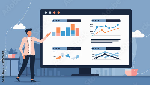 Business presentation with graphs and charts on a large monitor