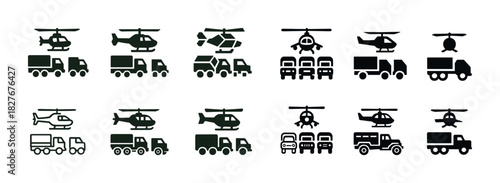 Military vehicle icons: helicopters and trucks in black silhouette collection
