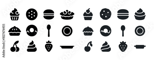 Assorted dessert icons: cupcakes, cookies, macarons, pies, donuts, spoons, plates