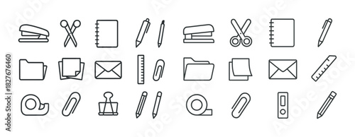 Set of office supply icons: stapler, scissors, notebook, pen, folder, envelope