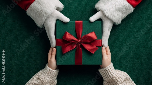 Photo of a pair of hands holding out a wrapped green gift box with a red ribbon on a solid background, with santa claus's legs and hand visible above the present, top view.