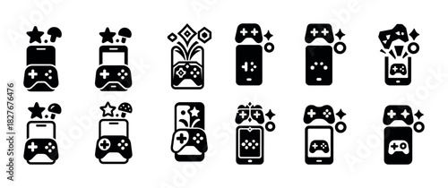 Set of gaming icons: consoles, controllers, mobile devices in black and white design