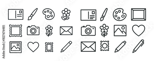 Art and communication icons set including camera, paintbrush, and flower designs